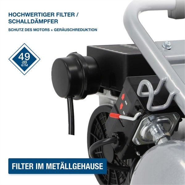Hochwertiger Filter und Schalldämpfer im Metallgehäuse am Kompressor zur Geräuschreduktion auf 49 Dezibel bei 7 Metern Entfernung.