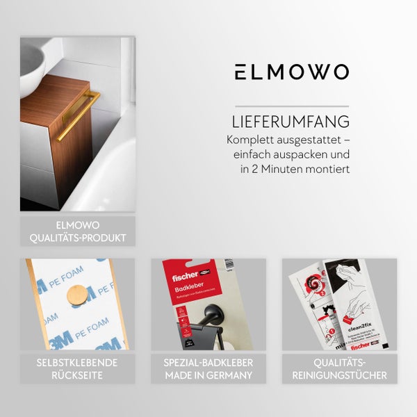 Elmowo Handtuchhalter mit Selbstklebe-Montageset von Fischer, inklusive Reinigungstüchern und Anleitung für eine schnelle Badezimmermontage.