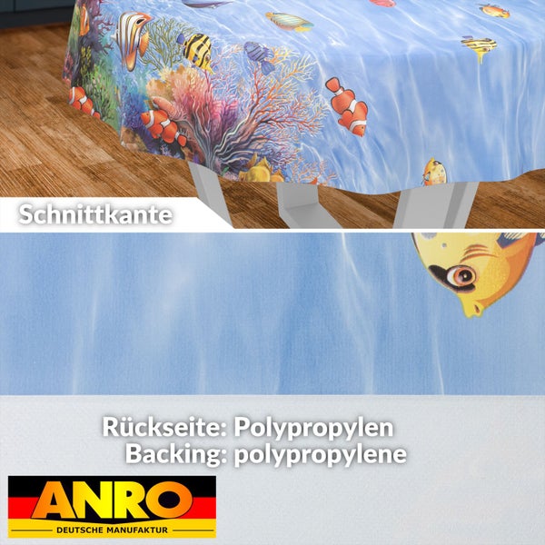 Rundes Wachstuch mit Unterwasser-Motiv, Fischen und Korallen, Schnittkante, Rückseite aus Polypropylen, ANRO Logo.