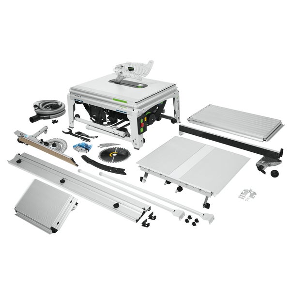 Festool Tischkreissäge SawStop TKS 80 EBS-Set mit umfangreichem Zubehör wie Anschlägen, Schiebetisch und Absaugschlauch.