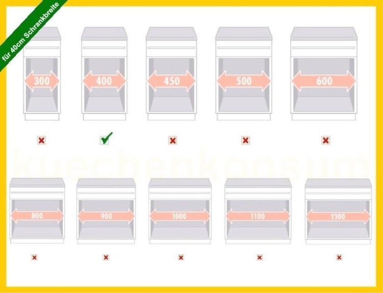 Maßzeichnung zur Schrankbreite, geeignet für 40 Zentimeter breite Schränke, markiert bei 400 Millimeter.