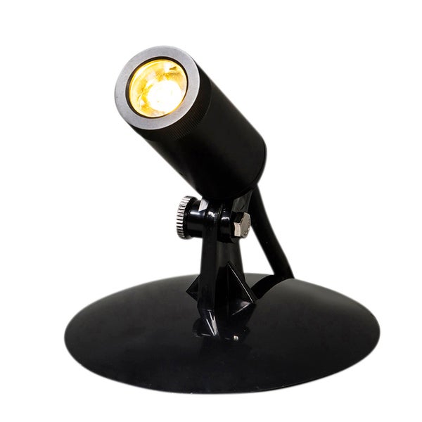 Schwarzer LED Gartenstrahler mit schwenkbarem Kopf und runder Basis.