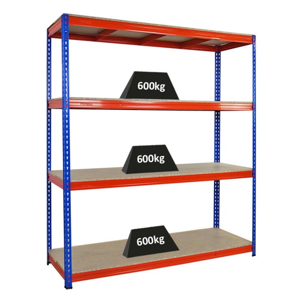 PROREGAL Profi Schwerlastregal Bison HxBxT 200 x 180 x 60 cm 4 Spanplatten-Ebenen 16mm Fachlast 600 kg Blau-Orange