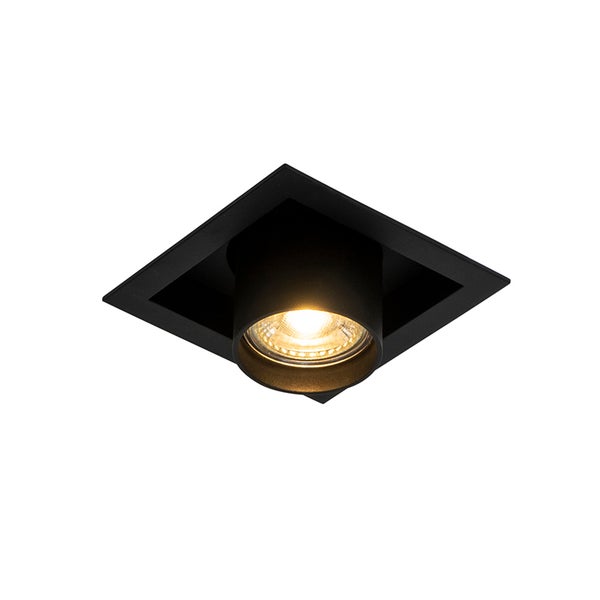 Schwarzer quadratischer Einbaustrahler mit schwenkbarem rundem Kopf und eingeschaltetem Leuchtmittel.