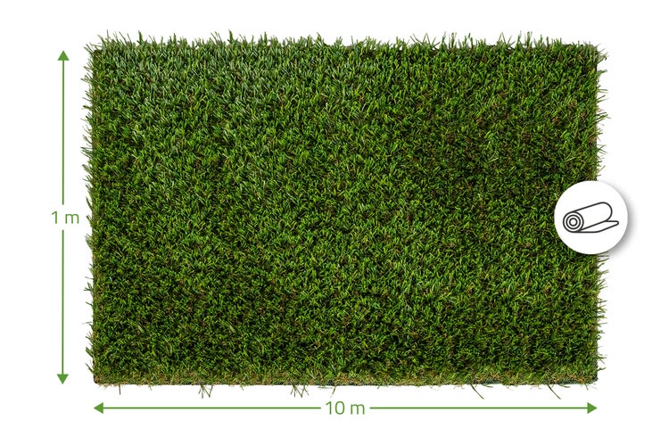 Kunstrasen Rolle mit den Maßen 1 Meter mal 10 Meter als pflegeleichter Bodenbelag für den Außenbereich
