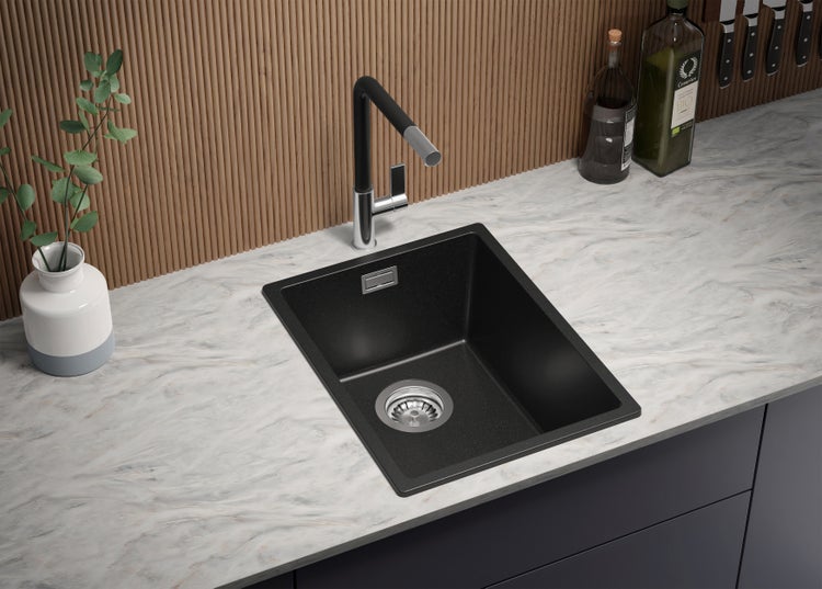 PRIMAGRAN Spülbecken Alles Schwarz 36x47cm, Granitspüle 1 Becken + Ablauf-Set, Küchenspüle ab 40er Unterschrank - London Slim