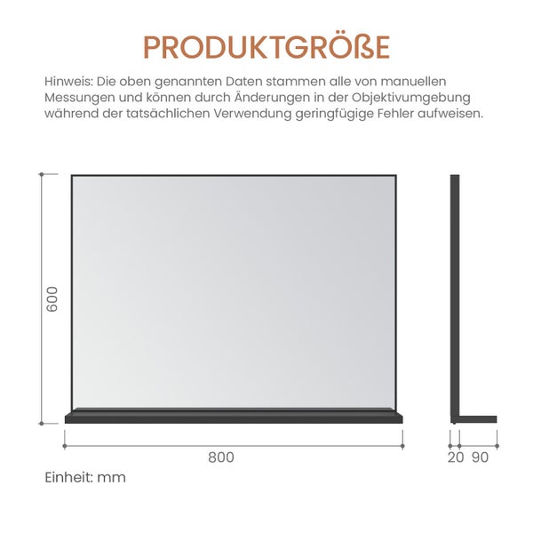 Technische Zeichnung der Produktmaße eines Spiegels mit Ablage in Millimeterangaben