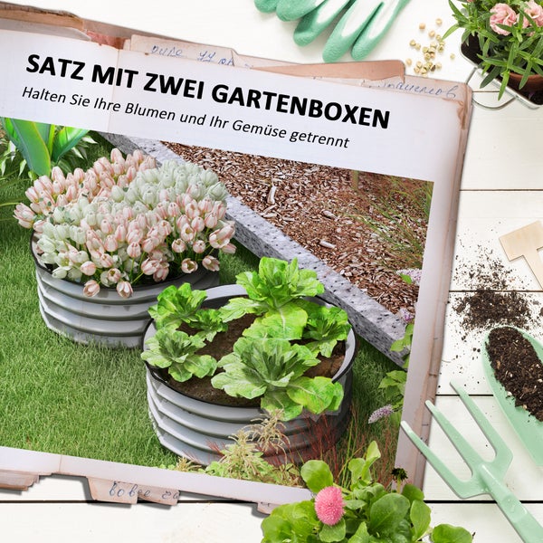 Terrasse mit Esstisch, Stühlen, Sonnenschutz und Hochbeeten mit Blumen