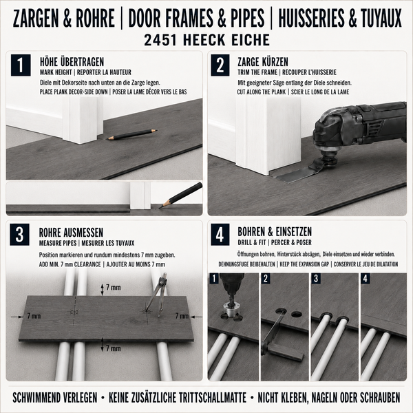 Anleitung zur Verlegung von Laminatboden an Türzargen und Rohren für das Modell 2451 Heeck Eiche mit vier Schritten und hilfreichen Tipps.