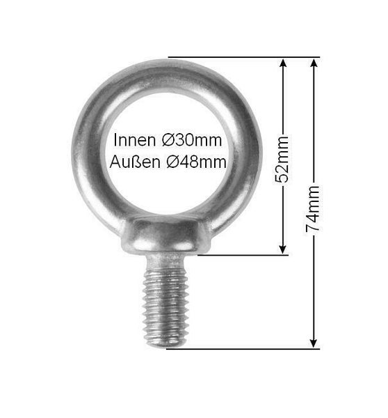 Ringschraube mit metrischem Gewinde und Maßangaben für Innendurchmesser von 30 Millimetern und Außendurchmesser von 48 Millimetern