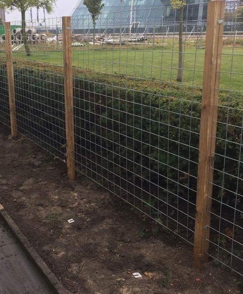 Gartenzaun aus Metallgitter mit Holzpfosten