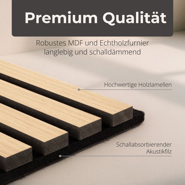 Detail eines Akustikpaneels mit Holzlamellen aus MDF und Echtholzfurnier auf schallabsorbierendem Akustikfilz.