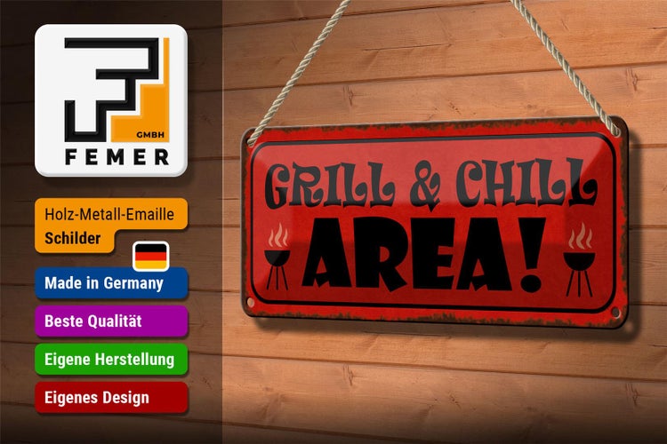 Blechschild Spruch 27x10cm Grill Chill Area Grillen Dekoration