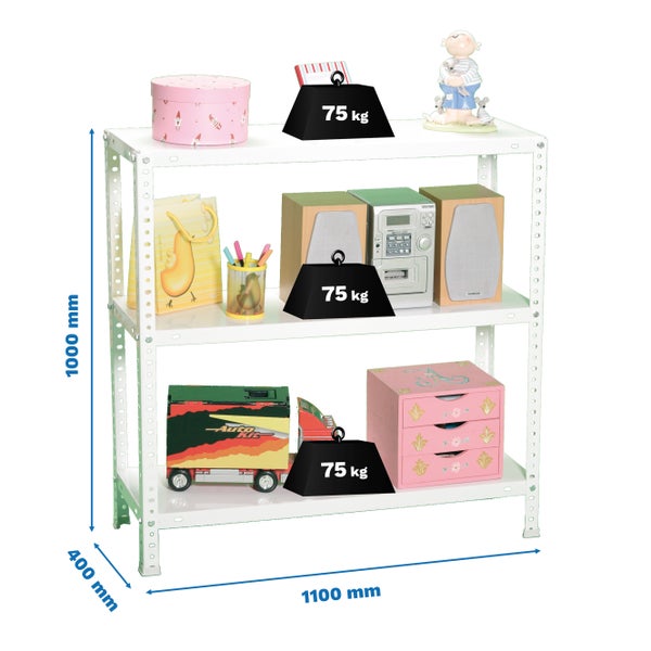 Metallregal mit 3 Fachböden, Höhe 1000 Millimeter, Breite 1100 Millimeter, Tiefe 400 Millimeter, Tragkraft 75 Kilogramm pro Boden.
