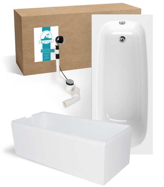 Rechteckige Badewanne mit Styroporträger und Ab und Überlaufgarnitur vor einem Versandkarton mit Calmwaters Logo