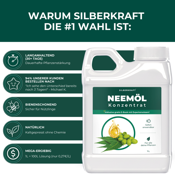 Silberkraft Neemöl Konzentrat, 1 Liter Flasche, natürliches Pflanzenstärkungsmittel zur Anwendung im Garten, bienenschonend und ergiebig.