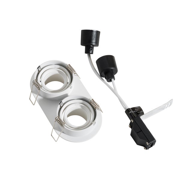 Zweiflammiges weißes Einbaustrahler-Gehäuse mit zwei GU10-Fassungen, Anschlusskabeln und Anschlussbox.