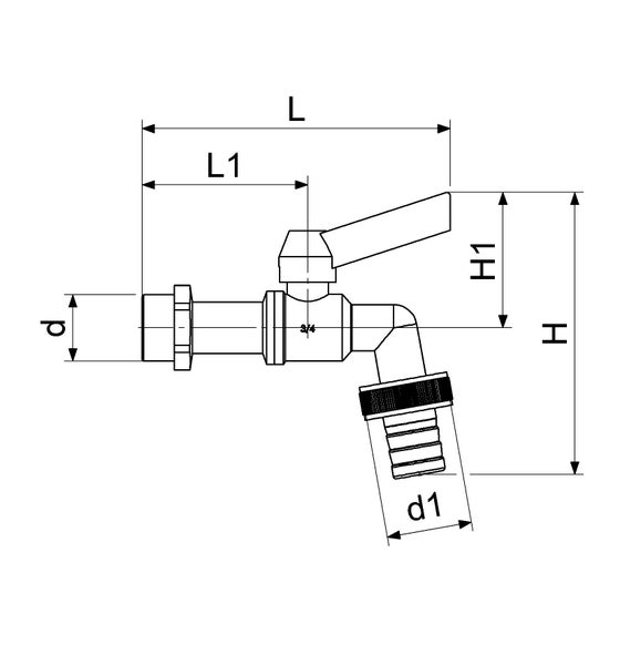 Technische Zeichnung eines Auslaufhahns mit Maßangaben für Länge, Höhe und Durchmesser.