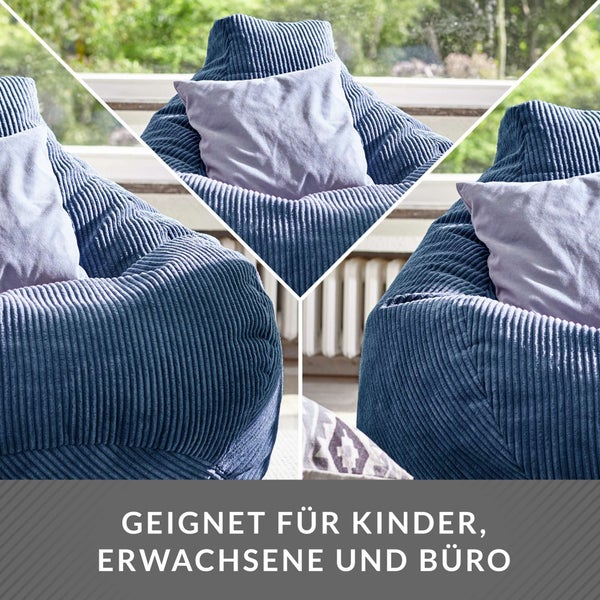 Green Bean Sitzsack mit Rückenlehne 80x80x90cm - Gaming Chair mit 230L Füllung Cordstoff - Bean Bag Bodenkissen Lounge Sitzhocker Relax-Sessel Gamer Gamingstuhl Dunkelblau