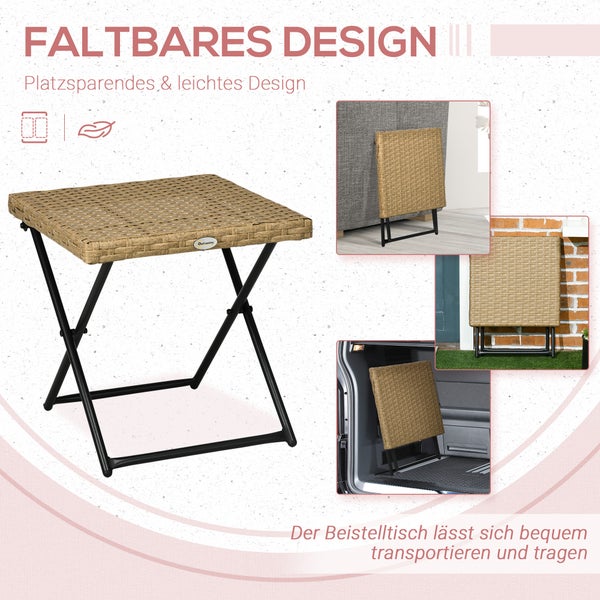 Outsunny Beistelltisch aus Polyrattan klappbar Kaffeetisch Couchtisch Tablett Balkontisch Gartentisch Sofatisch Teetisch Gartenmöbel Rattantisch für Garten Terrasse Balkon, 40x40x40cm Naturholz