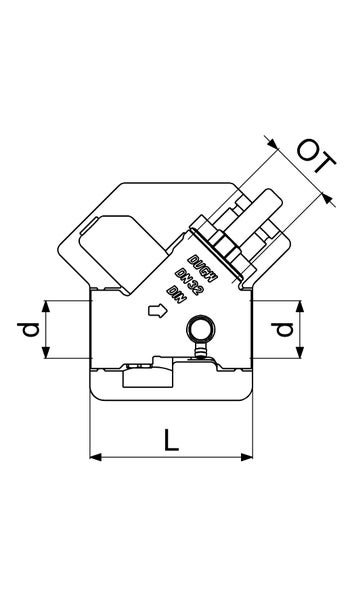 Technische Zeichnung einer Armatur mit Maßangaben für Länge L, Durchmesser d und OT sowie Nennweite 32 und DIN Kennzeichnung.