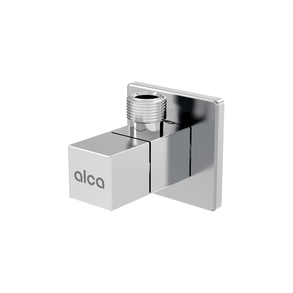 Eckventil in quadratischem Design aus verchromtem Messing mit Alca Logo und Wandblende.