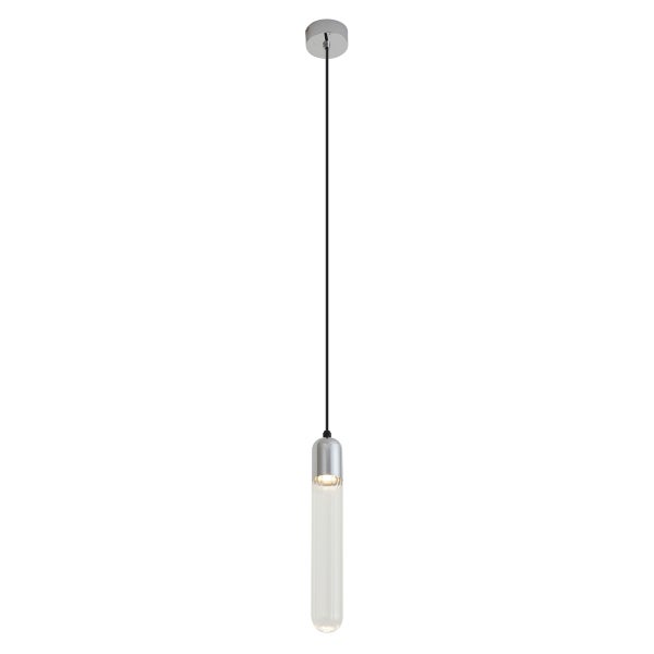 Moderne LED Pendelleuchte in zylindrischer Form mit Glasdiffusor und Deckenbefestigung.