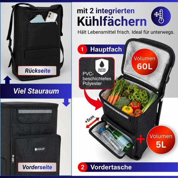 Einkaufstrolley mit zwei isolierten Kühlfächern und insgesamt 65 Liter Volumen aus wasserfestem Polyester.