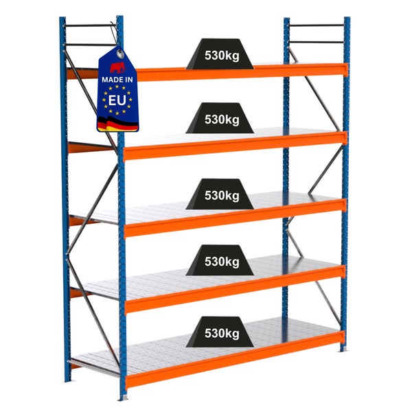 Regal mit fünf Ebenen, Traglast 530 Kilogramm pro Ebene und Made in EU Kennzeichnung