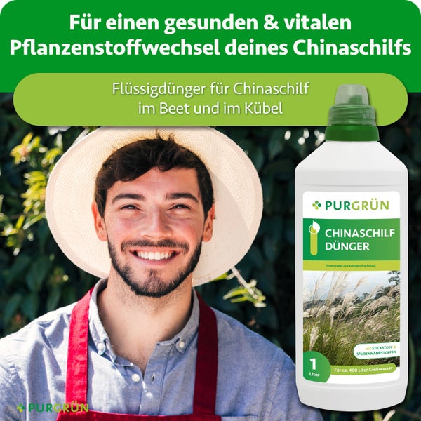 Purgrün Chinaschilf Dünger Flüssigdünger für Garten und Kübel in einer 1 Liter Flasche neben einem lächelnden Gärtner.