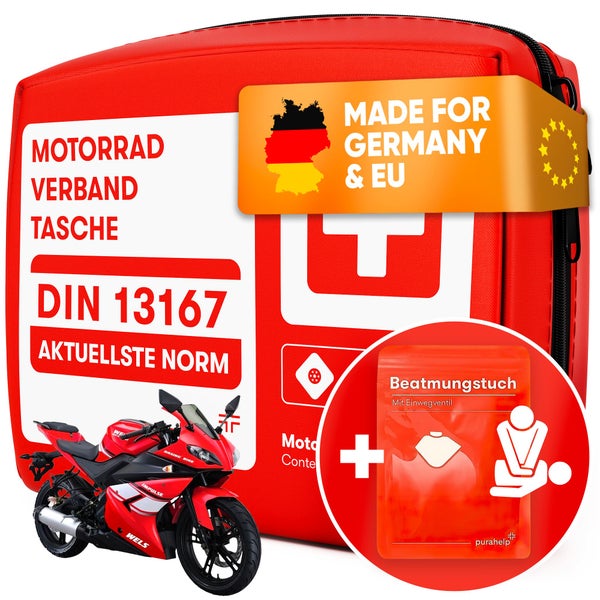 PURAHELP Motorrad Verbandskasten nach aktueller Norm 2024 DIN 13167 (StVO konform) - Inkl. Beatmungstuch - Motorrad Erste Hilfe Set 2024 Mini Klein