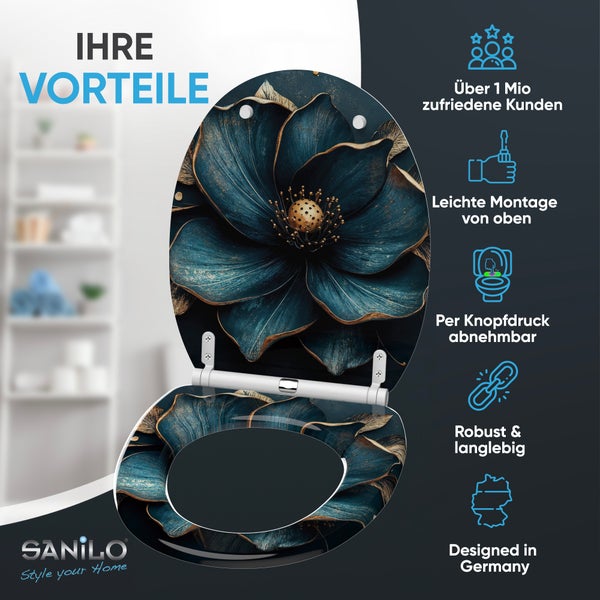 Sanilo Toilettensitz mit Blumendesign, einfache Montage, abnehmbar per Knopfdruck, robust und langlebig, entworfen in Deutschland