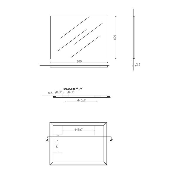 Technische Zeichnung eines rechteckigen Spiegels mit Abmessungen