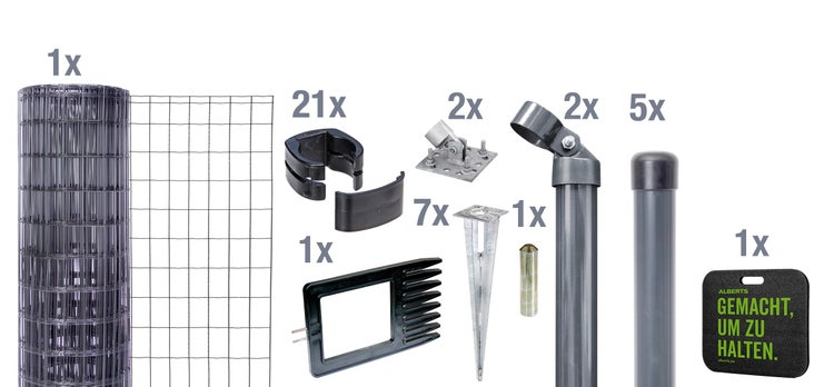 Set bestehend aus Maschendrahtzaun, Zaunpfosten, Bodenhülsen, Zaunschellen, Verbindungselementen und Montagezubehör zur Zaunmontage.