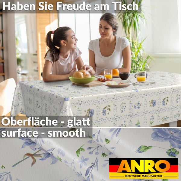 Abwischbare Tischdecke mit Blumenmuster in heller Esszimmerszene und Detailansicht der glatten Oberfläche. ANRO Deutsche Manufaktur Logo.