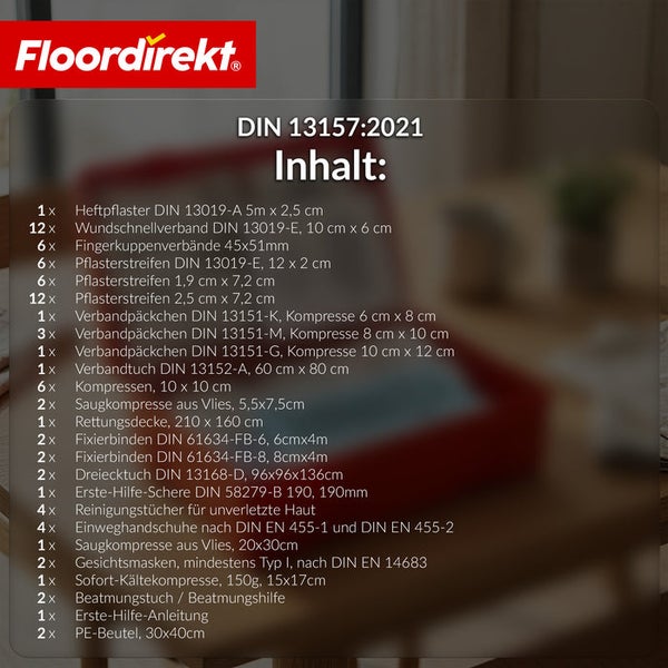 Floordirekt Logo über der Inhaltsliste eines Erste Hilfe Koffers gemäß der Norm DIN 13157 aus dem Jahr 2021.