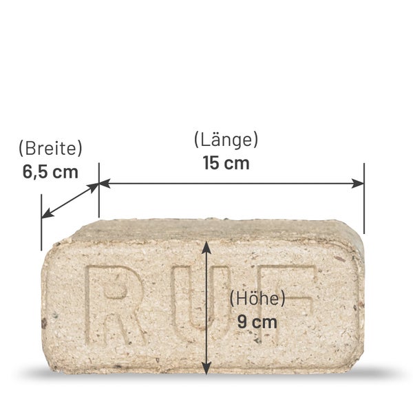 Holzbrikett mit RUF Prägung und Maßangaben für Breite von 6,5 Zentimetern, Länge von 15 Zentimetern und Höhe von 9 Zentimetern.