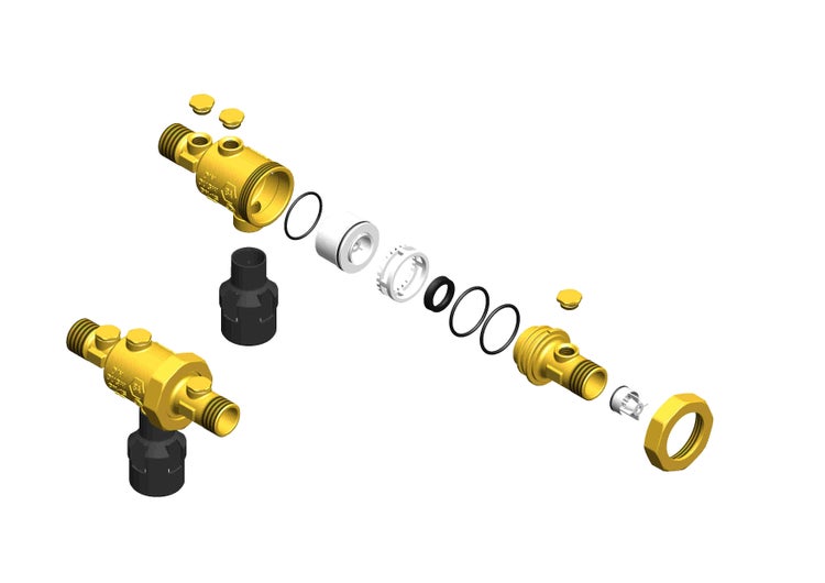 Explosionsdarstellung einer Ventilbaugruppe aus Messing mit Einzelteilen wie Dichtungen, O-Ringen und schwarzem Kunststoffgriff.