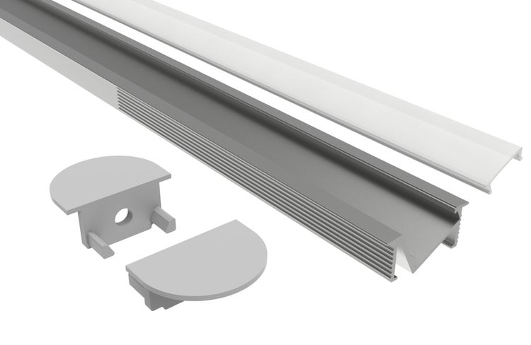 TIVENDIS Led Alu Profil 2 m EF30 Komplett Set für Strip / Streifen bis 12 mm breit | Abdeckung satiniert milchig, Endkappen, Befestigungclips |  Einbau Fußleisten Flachprofil eloxiert