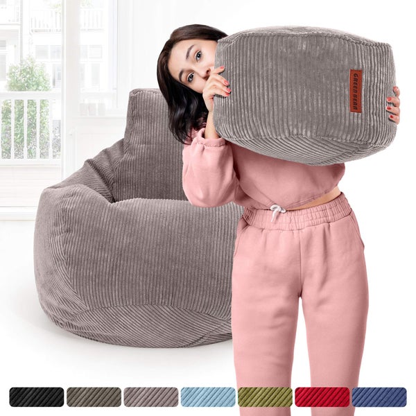 Green Bean Sitzsack mit Hocker aus Cord - Sitzsäcke für das Wohnzimmer, Schlafzimmer, Sitzsack-Sessel für Erwachsene Hellgrau