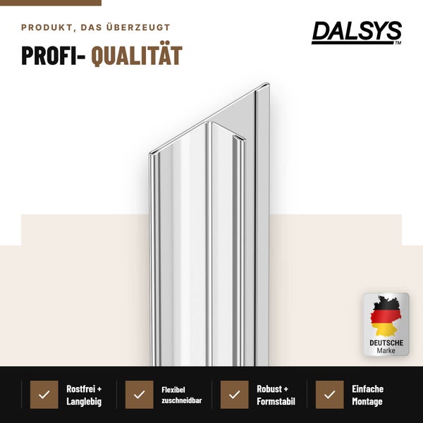 Dalsys Abschlussprofil aus Edelstahl für Fliesen mit Hinweisen zu Rostfreiheit, Flexibilität, Stabilität und einfacher Montage.