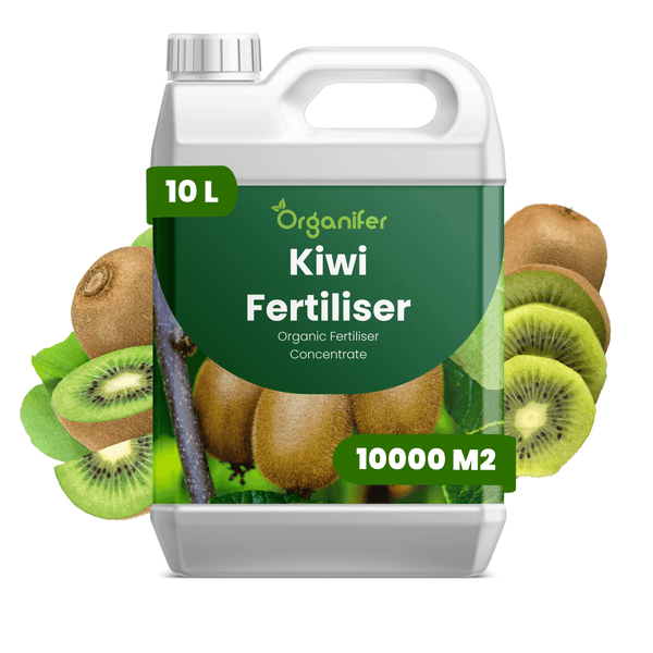 Organifer Kiwi Dünger, organisches Düngerkonzentrat, 10 Liter Kanister für 10000 Quadratmeter, Organifer Logo.