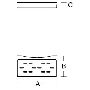 Technische Zeichnung einer Duschablage mit Maßangaben für Breite, Tiefe und Höhe sowie Entwässerungsschlitzen.