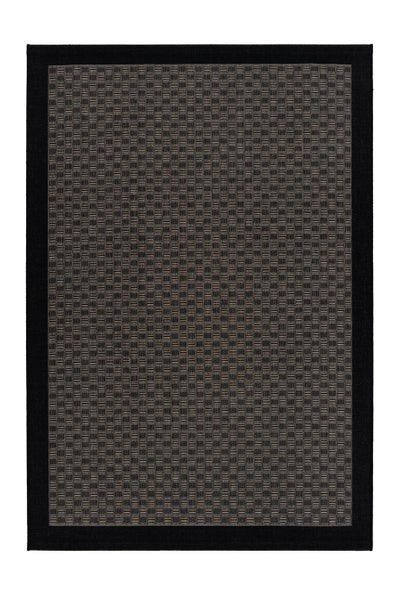 Flachgewebter Teppich in Sisal-Optik mit grauem Karomuster und breiter schwarzer Bordüre.