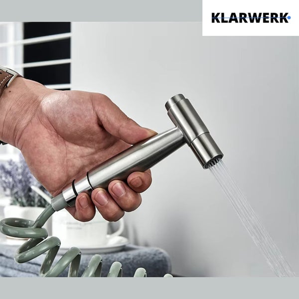MAX | Gastronomie Mischbatterie Wandmontage Armatur Silber | Profi Küchenarmatur Edelstahl mit Handbrause | Wasserhahn Restaurant Wand flacher Auslauf
