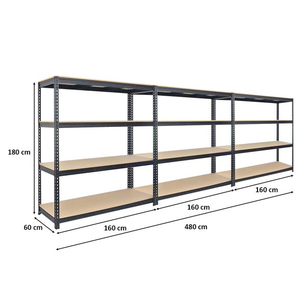 PROREGAL Mega Deal 3x Profi Schwerlastregal Bison HxBxT 200 x 180 x 60 cm 4 Fachböden Fachlast 600 kg Schwarz