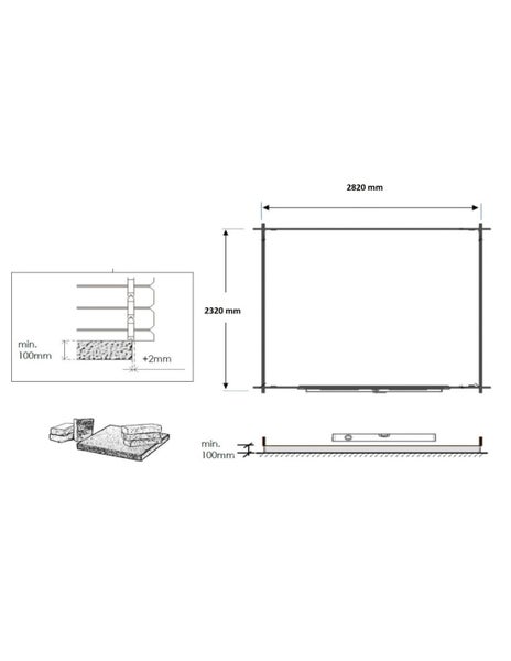 Technische Zeichnung für das Fundament eines Gartenhauses mit Maßen 2820 Millimeter mal 2320 Millimeter und Mindesthöhe 100 Millimeter.