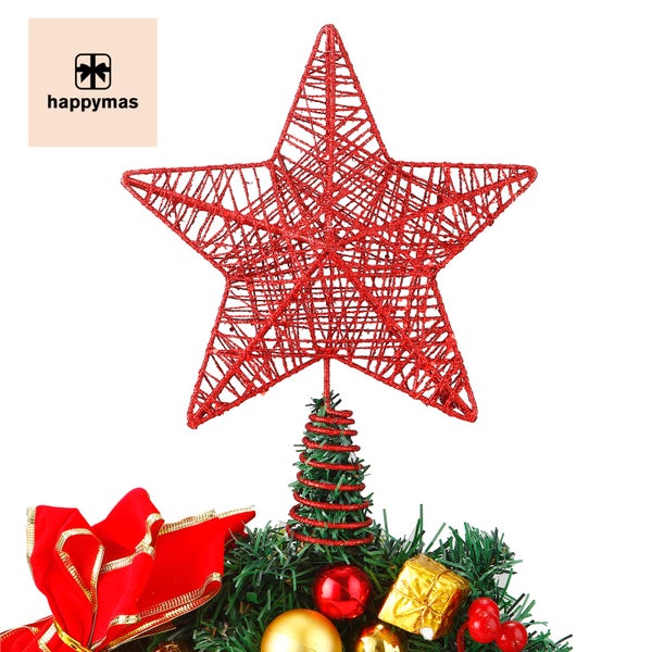 Roter Weihnachtsbaumschmuck in Sternform mit Christbaumkugeln und Schleife