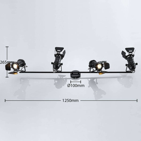 Schwarze Deckenleuchte mit vier Strahlern und Abmessungen