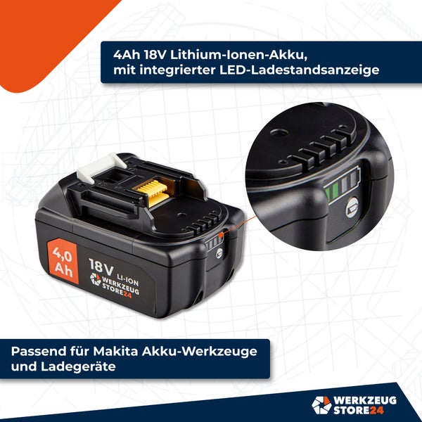 18 Volt 4 Amperestunden Lithium Ionen Akku mit LED Ladezustandsanzeige